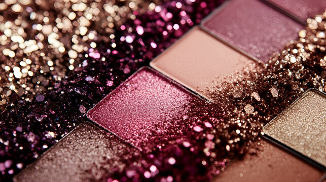 Eyeshadow palette with champagne, pink, plum, and chocolate brown tones highlighted with silver tinse