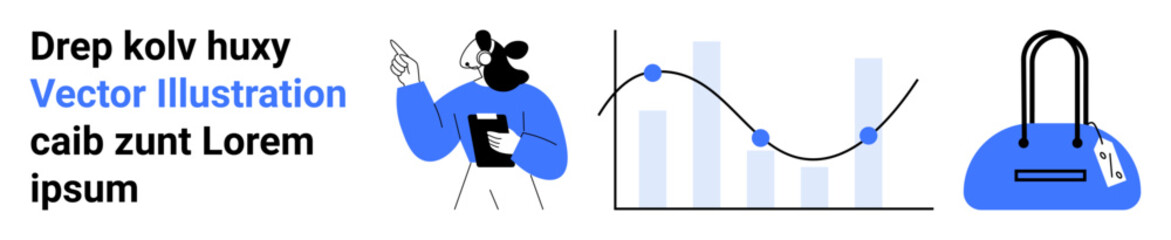 Businesswoman pointing at data while holding a clipboard, graph with data points, purse with tag. Ideal for business presentations, data analytics, professional lifestyle, fashion, statistics