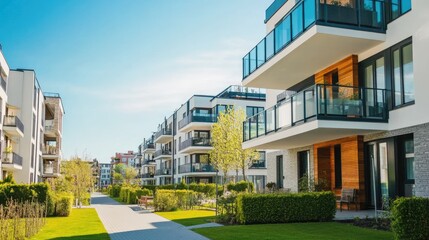 Modern residential apartment with a flat building exterior. block of flats in a green area. luxury house complex. Part of City Real estate property, condo architecture. apartment insurance concept.