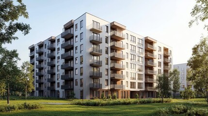 Fototapeta premium Modern residential apartment with a flat building exterior. block of flats in a green area. luxury house complex. Part of City Real estate property, condo architecture. apartment insurance concept.