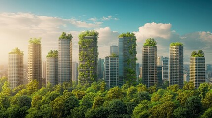 Fototapeta premium Eco Friendly Cityscape Green Rooftop Buildings and Lush Urban Forest