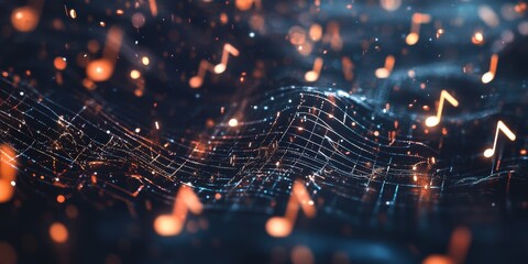 Colorful musical notes soar above a textured digital landscape, creating a mesmerizing ambiance filled with rhythm and energy during a lively performance
