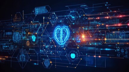 Obraz premium Futuristic Digital Brain Heart Network AI Neurology Healthcare Technology Concept