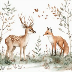 Obraz premium Seamless Watercolor Forest Animals Pattern with Deer Fox Owl Bunny Bear and Flowers