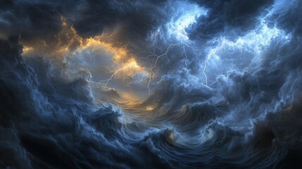 Fototapeta premium Dark storm clouds swirl ominously, illuminated by flashes of lightning and a hint of orange light against a backdrop of turbulent ocean waves during twilight