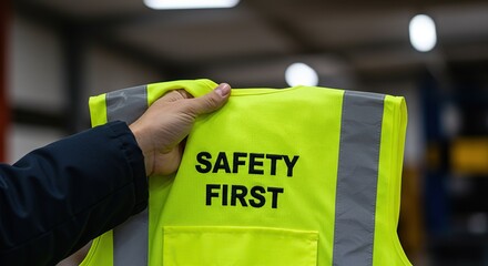 Bright Yellow Safety Vest with 'SAFETY FIRST' Print - Essential Gear for Industrial Workers. 
