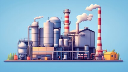 Fototapeta premium Industrial Plant Complex Modern Factory with Smoke Stacks and Storage Tanks