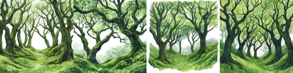 Fototapeta premium Enchanting overgrown forest path winding through a dense twisted woodland landscape filled with lush verdant foliage and magical gnarled tree branches The serene