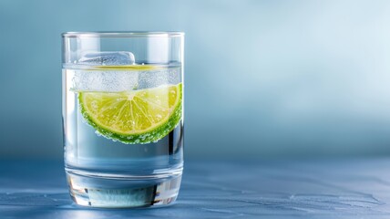A refreshing glass of water with ice and a slice of lime, set against a soft blue background.