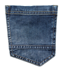 Asymmetrical blue denim back pocket on isolated background