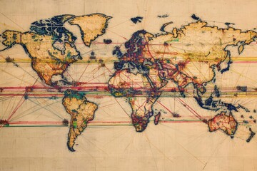 Naklejka premium World map, colorful lines, global network, vintage style.