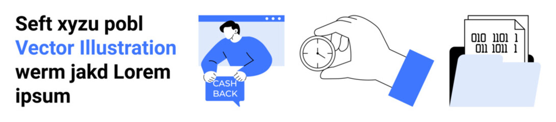 Person holding cash back sign on a webpage, hand with a stopwatch, folder with binary code documents. Ideal for financial services, technology, time management, productivity apps, educational