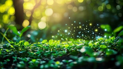 Obraz premium Lush Green Plants Nature s Network Illuminated Foliage Sprouting Seedlings Spring Growth