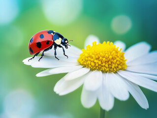 Fototapeta premium close up of one ladybird on white daisy flower.