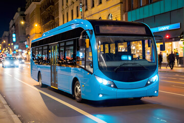 Fototapeta premium Blue EV bus running on the city street at night with copy space