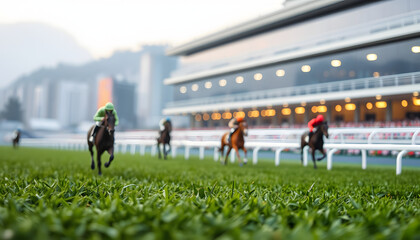 Fototapeta premium Close up of the green grass field in horse racing racetrack in Shatin, Hong Kong, Paper Cutout style. isolated with white highlights