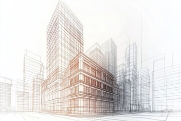 Fototapeta premium An architectural sketch depicting modern city skyline structures with intricate designs and lines highlighting urban development.