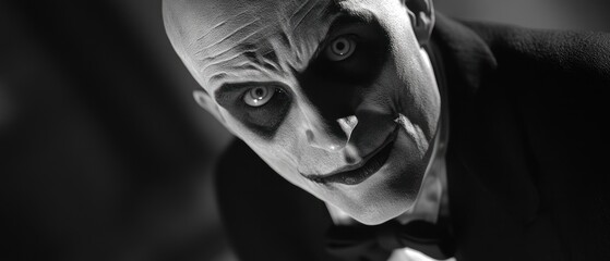 Obraz premium Close-up of a sinister, bald man with eerie makeup, smirking intensely.