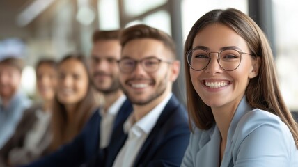 Fototapeta premium A diverse group of smiling professionals seated together, conveying a sense of teamwork and collaboration in a modern office setting.