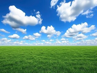 Obraz premium A wide grassy field with a blue sky and white clouds in the background, green grass on the ground, and an empty space for text or graphic design at one end of the frame. The entire scene is captured
