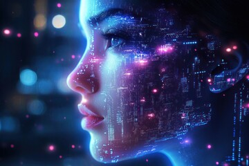 Futuristic Portrait of a Female Android with Neon Technology and AI Data Overlay