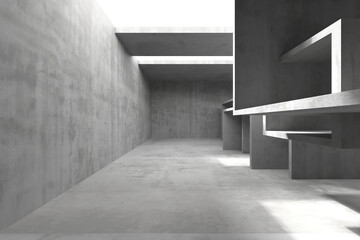 Minimalist architectural space with concrete walls and geometric patterns for modern interior design. 3d render.