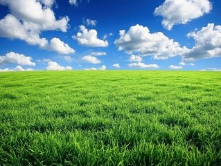 Fototapeta premium A wide grassy field with a blue sky and white clouds in the background, green grass on the ground, and an empty space for text or graphic design at one end of the frame. The entire scene is captured