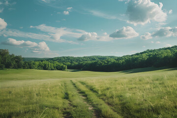 Fototapeta premium Idyllic Countryside Meadow with Rolling Green Hills and Clear Blue Sky