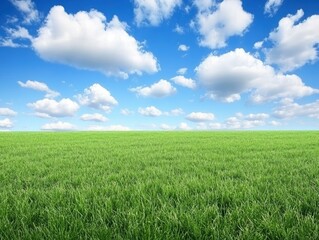 Fototapeta premium A wide grassy field with a blue sky and white clouds in the background, green grass on the ground, and an empty space for text or graphic design at one end of the frame. The entire scene is captured
