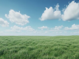 Obraz premium A wide grassy field with a blue sky and white clouds in the background, a green grassland, a grassy meadow, a green field background, a blue sky, white clouds, a natural landscape, landscape photograp
