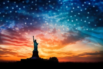 Majestic statue of liberty silhouetted against a dramatic sunset with american flag overlay