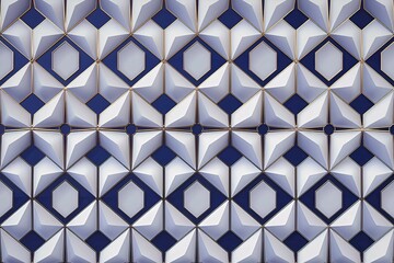 seamless pattern of blue and white geometric tiles with a 3d effect, perfect for modern decor, architectural designs, or creative backgrounds, showcasing symmetry and style in design.