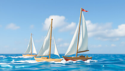 Naklejka premium Sail Boats or Yachts Sailing on A Beautiful Sunny Day, craft clay. isolated with white highlights