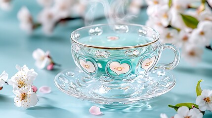 Fototapeta premium Spring Tea in Elegant Glass Cup with Flowers