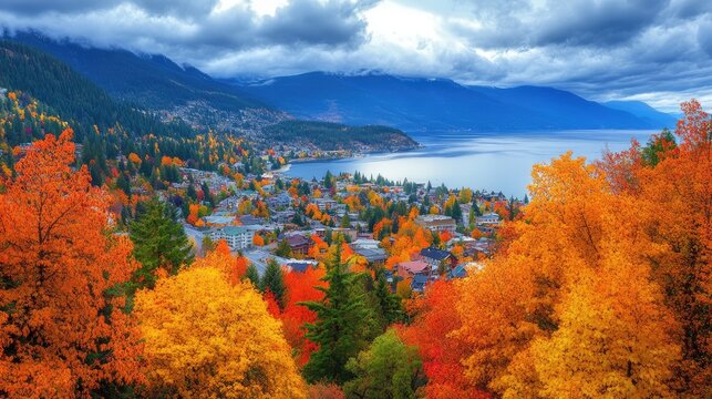Nelson City BC Autumn Panorama. Nelson is a city located in the Selkirk Mountains on the West Arm of Kootenay Lake in the Southern Interior of British Columbia, Canada.