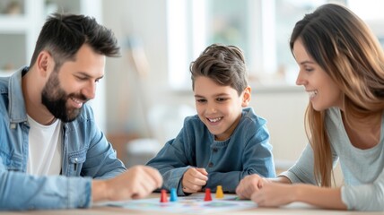 Fototapeta premium A joyful family plays a board game together, fostering connection and fun in a bright, cozy environment.