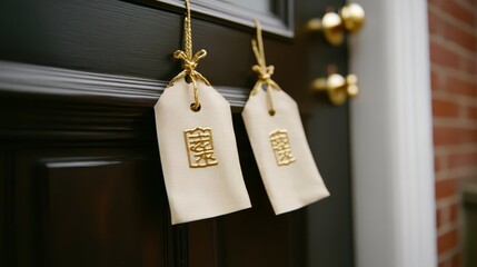 Elegant Gold Embossed Tags Hanging on Dark Door Asian Style Decor