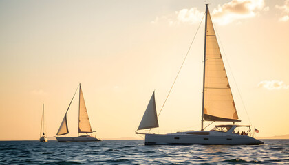 Fototapeta premium Sail Boats or Yachts Sailing on A Beautiful Sunny Day, Side lit. isolated with white highlights