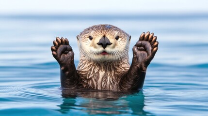 A playful otter floating in calm waters with paws raised.