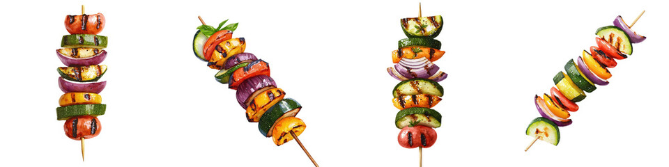 Naklejka premium Assortment of Vibrant Vegetable Skewers for Healthy Grilled Meal Colorful fresh organic produce including peppers onions tomatoes zucchini and more prepared for a nutritious barbecue or cookout