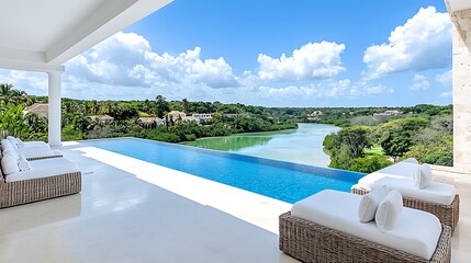 Fototapeta premium Luxury Villa Infinity Pool Tropical River View