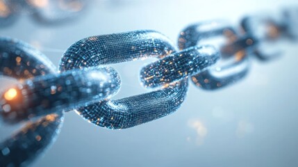 Digital chain links interconnected, glowing particles.