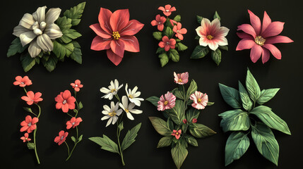 multiple flower and leaves assets for illustration design on black background easy to edit