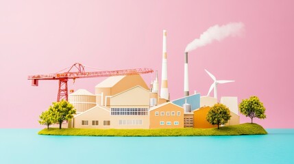 Naklejka premium Industrial Complex Model with Wind Turbine Crane and Green Trees on Island