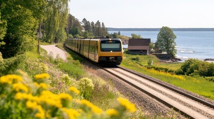 Obraz premium Scenic Coastal Train Journey Yellow Passenger Train Traveling Through Summer Landscape by the Sea