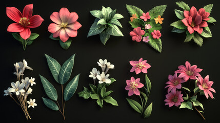 multiple flower and leaves assets for illustration design on black background easy to edit