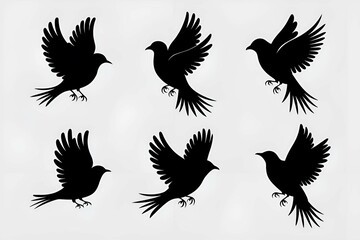 Fototapeta premium black bird silhouettes in various flying and perched positions, ideal for nature-inspired designs, decorative patterns, artistic illustrations, or wildlife-themed creative projects