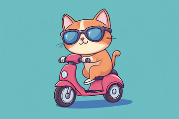 A cartoon cat wearing sunglasses riding a pink scooter.