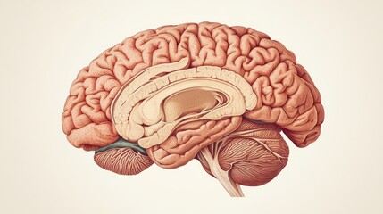 Detailed anatomical illustration of a human brain, showcasing its internal structures and lobes.