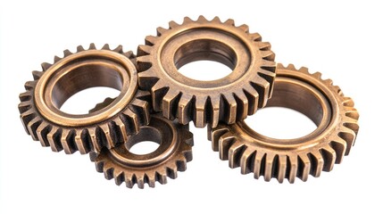 Old brass metal gears.Vintage bronze metallic cogwheels isolated on white, retro style separated gearwheels